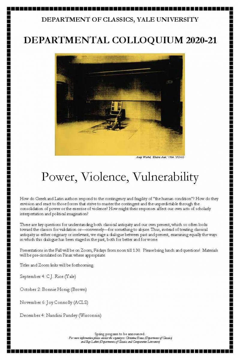 Yale Classics Departmental Colloquium 2020-2021 poster