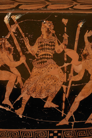 Prometheus and satyrs, red-figure vase